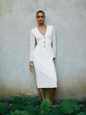 Zara White Lace V-Neck Midi Dress with Gold Buttons